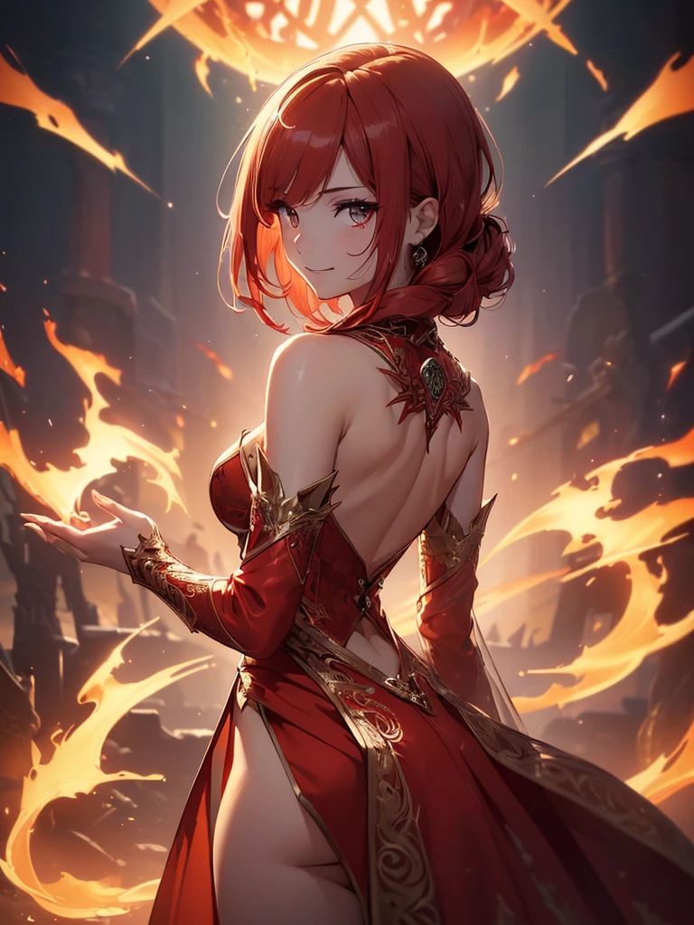 (((best quality, sharp image, clear image, cinematic lighting, 8k resolution, masterpiece, ultra detailed, intricate))) Girl, sorcerer, cute, intricate dress, smiling, fiery red, ((intricate background)), (rune frame), dimension, ((shot from behind)), fire sigils, chaotic background, ((half-body shot))