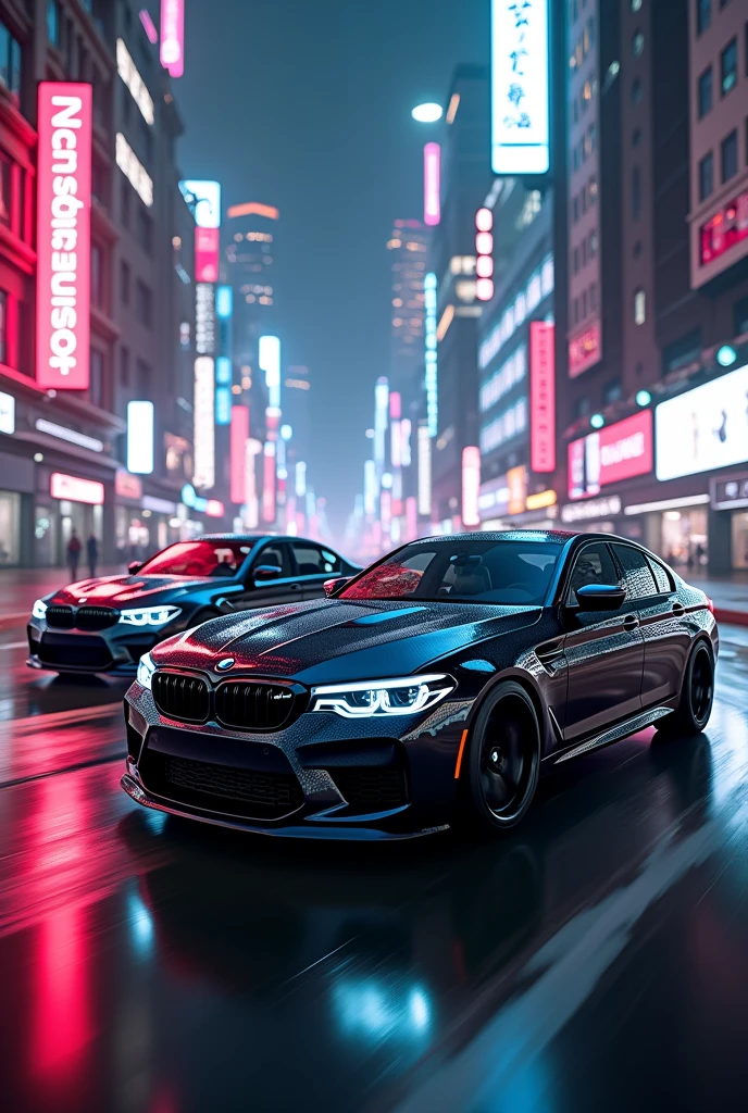 2 BMW m5 black
in the cyber neon city