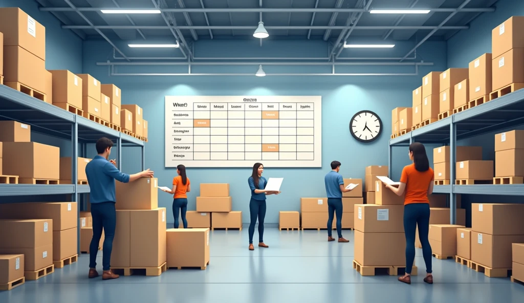 A professional and realistic image depicting a well-organized work schedule in a fulfillment center that promotes a healthy work-life balance. The scene shows a clean, well-lit warehouse where employees are busy with their tasks, with a clear and detailed schedule. In the background there is a subtle indicator of personal life balance, such as a clock showing the end of the work shift, when employees head out to have a good time. The atmosphere is relaxed and productive, highlighting the company's commitment to providing employees with a clear and predictable work schedule that allows them to lead balanced lives.