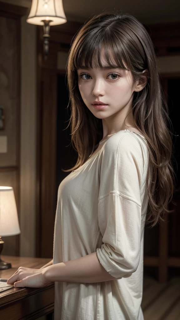 (masterpiece:1.4, Highest quality)), (Realistic photos:1.4), (artwork), ((1 girl)), (Otherworldly beauty), (dream-like), (超High resolution:1.2), Very delicate and beautiful, wonderful, Very detailed CG Unity 8k wallpaper, Very detailed, High resolution, Soft Light, Beautiful detailed girl, Very detailedな目と顔, Beautiful and detailed nose, Beautiful and detailed, (Wearing casual clothes:1.3), Cinema Lighting, Perfect Anatomy, Slender body, (Parted bangs), (Vermeer'Portrait of a Girl:1.5), (Subject of the painting), (Picture background),