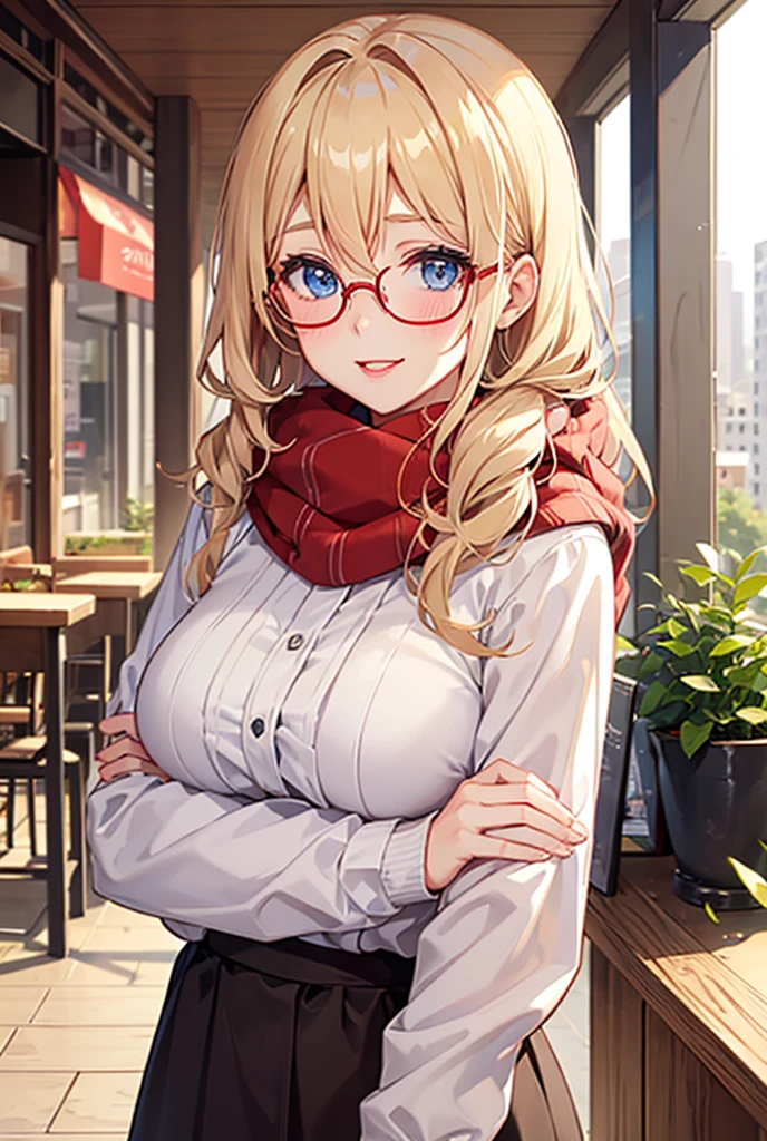 1girl, Blush, Blonde Hair, Blue eyes, Large breasts, Red Lips, Nervous smile, Shy, Wearing winter clothes, glasses and scarf, Set in a cafe