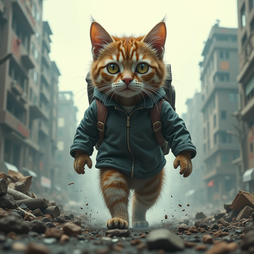 A survivor ((cat)) with bag packs in human clothes walks through a destroyed city, (windstorm), action