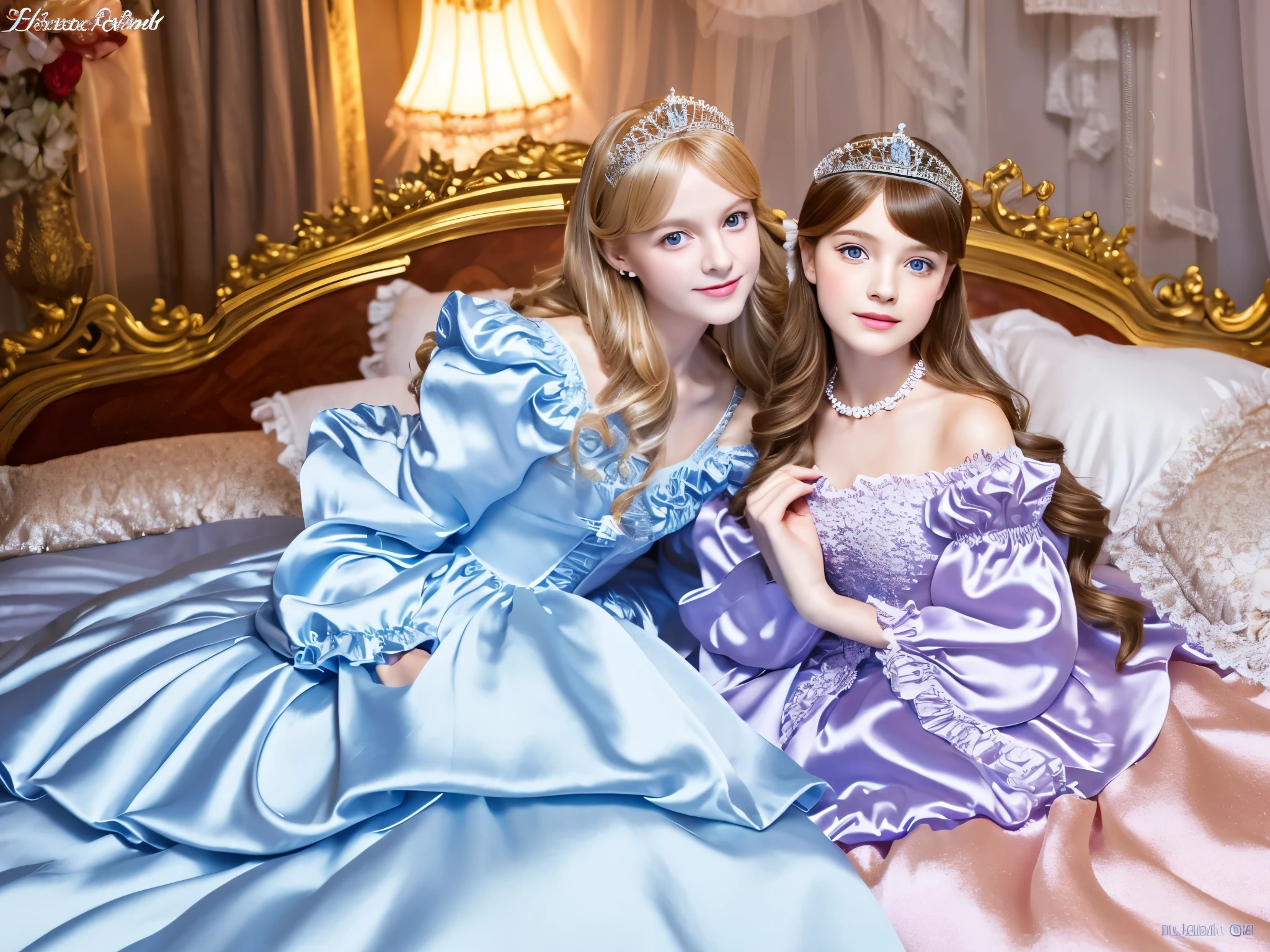 ,highest quality, masterpiece, highest resolution, artwork, 3k realistic pictures,((A short young girl))Ultra-detailed juvenile face,two are princesses,full length ball gown dress with hoop skirt,ruffled yoke collar,The shoulders are not exposed,puff sleeves,long sleeve,((Lolita style detailed princess satin dress with lots of ruffles and ribbons)),Rococo style lolita fashion,shiny satin dress,Soft and smooth fabric,luxury,long blonde hair,blue eyes,white skin european,Pajama,((in the bedroom)),high quality silk satin princess canopy bed,slik satin frilled pillows,