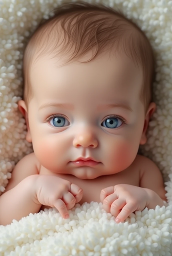 Realistic white skin bright blue eyes pink cheeks rounded nose and full dark blonde hair