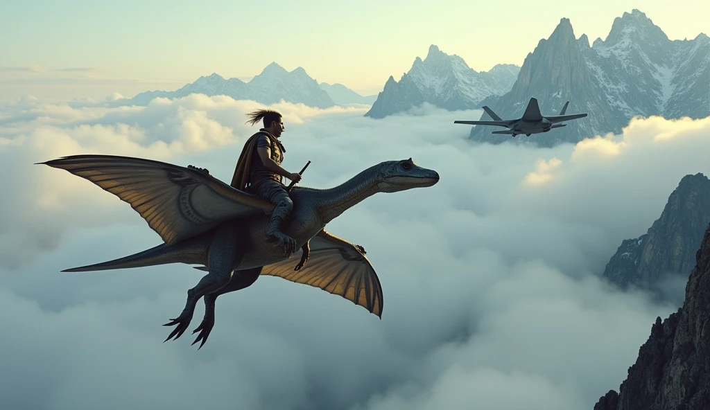 warrior riding a flying pterosaur, clouds below, giant mountains, an f-35 jet chasing