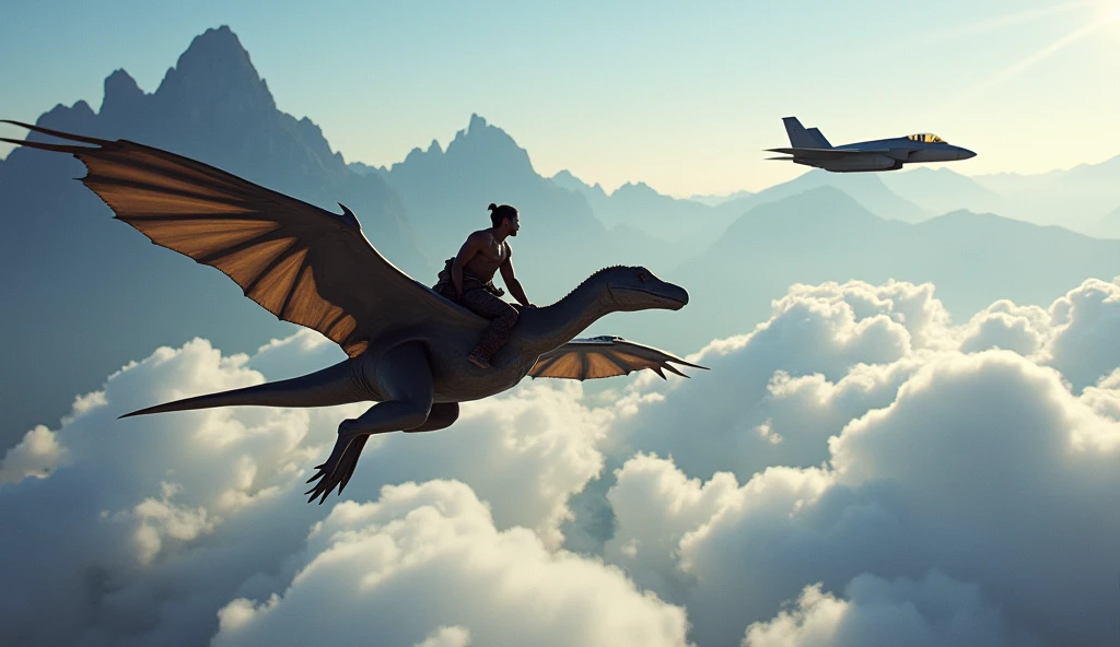 warrior riding a flying pterosaur, clouds below, giant mountains, an f-35 jet chasing