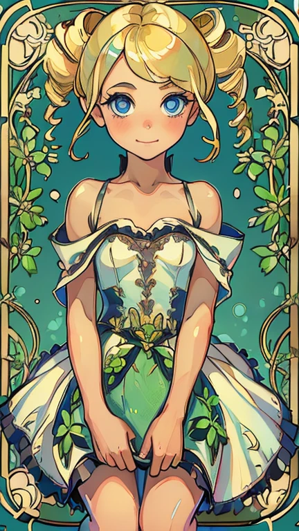 (1girl, solo, highly insanely detailed, masterpiece, top quality, best quality, highres, 4k, 8k, RAW photo),((innocent look)),((Childish)),From the front, symmetrical composition,smile,cute,Innocent,Kind eyes,Flat chest,ArsMJStyle, Art Nouveau Style, forest, vines, (ppgzmyk), (blue eyes, blonde hair, twin drills)
(v1nedr3ss)