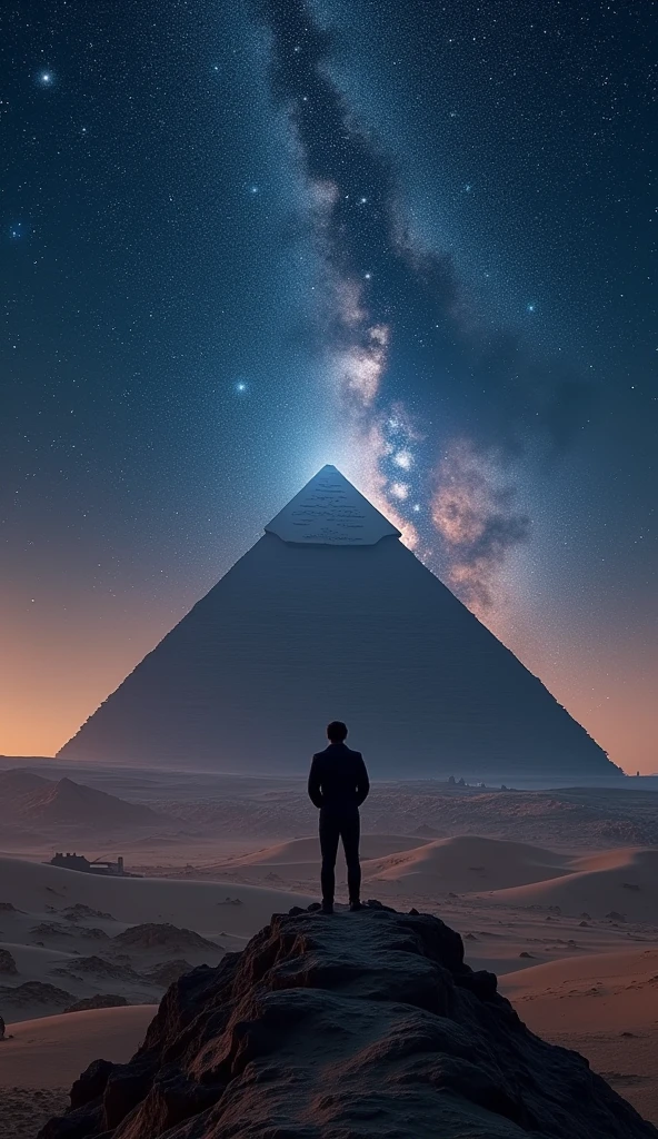 Stargazing from the Pyramid:Prompt: "A view from the top of the Great Pyramid of Giza at night, looking down over the desert and up at the starry sky. The horizon should be faintly visible, with the Milky Way stretching across the sky in vivid detail."