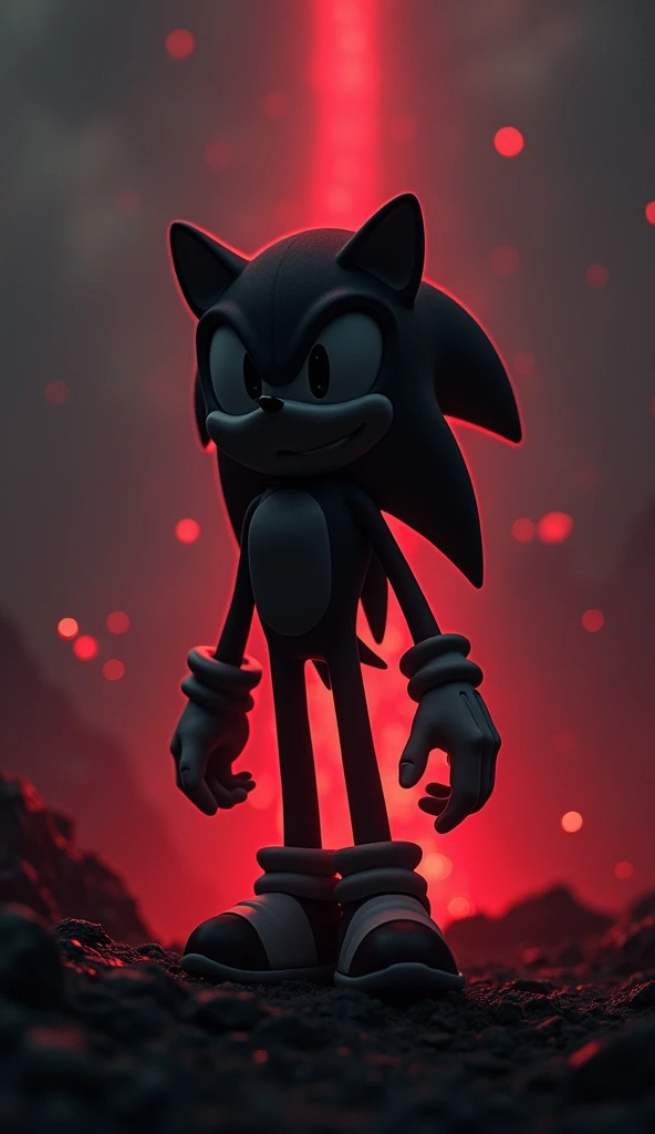 A dark, image of Shadow, a black with red stripe Sonic wallpaper in the planet of the will-o'-the-wisps. He's on his feet. 