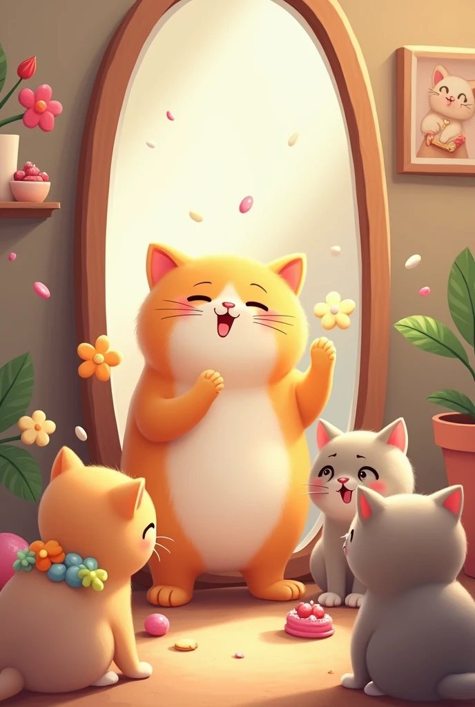 The main character, a cute cat, stands in front of a mirror.、With a proud smile。My cat friends are gathered around me、We play and enjoy meals together。Food and toys are depicted in the background.、There is a happy atmosphere in the air。