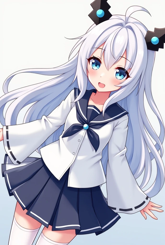 A Japanese anime style girl with long white hair,M-shaped bangs,She has a pair of blue eyes,There are only two black arrow-shaped headdresses on her head pointing upwards. There is only one blue round bead in the middle of each arrow headdress.,Wearing a sailor suit,Wearing white on the legs