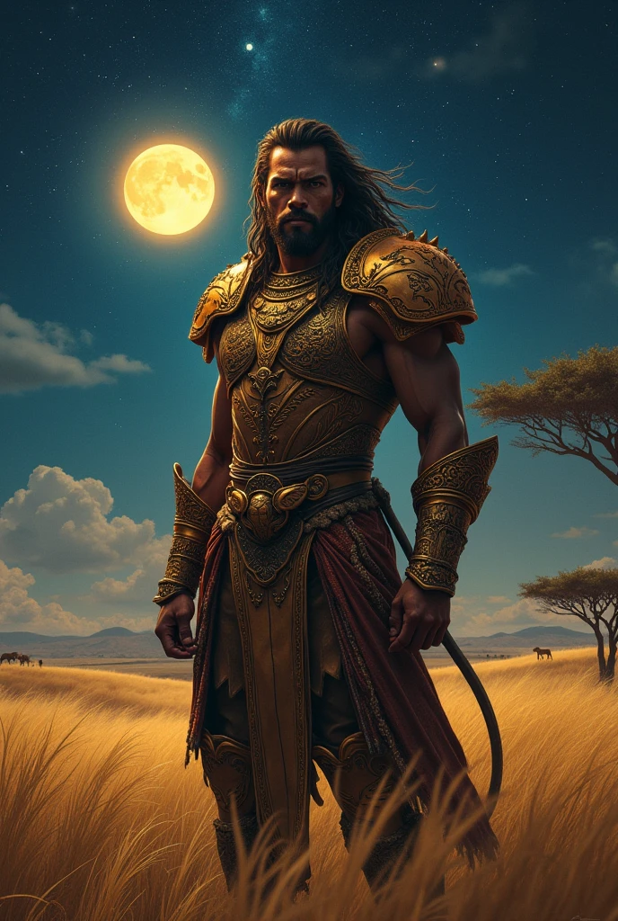 Ciel étoilé : Dessinez un ciel nocturne profond et brillant, avec des étoiles scintillantes et une lune illuminant la scène.Savane africaine : Représentez des herbes dorées ondulantes et quelques acacias éparpillés. Ajoutez des silhouettes discrètes d'animaux comme des éléphants ou des girafes à l'horizon.Lemayian : Dessinez un guerrier en armure traditionnelle du clan des lions, avec des détails de lion, comme des motifs et des ornements. Il doit avoir un regard intense et courageux.Nayekie : R