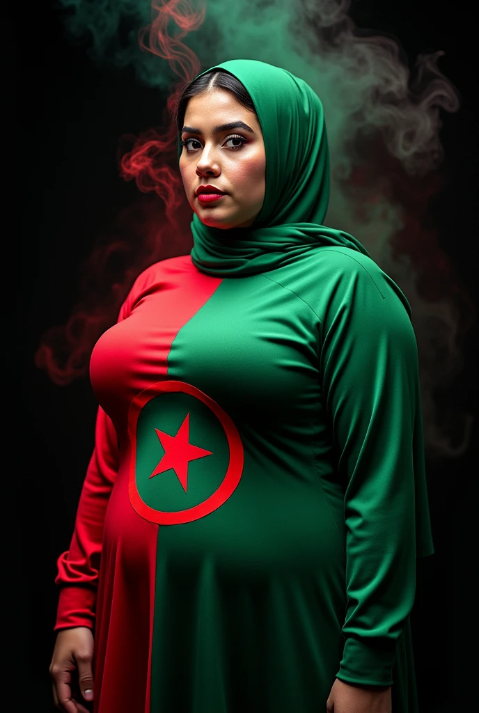 Fat Muslim woman, looking at camera, white and green hijab with large Algerian flag pattern, black background with colored smoke, realistic photo