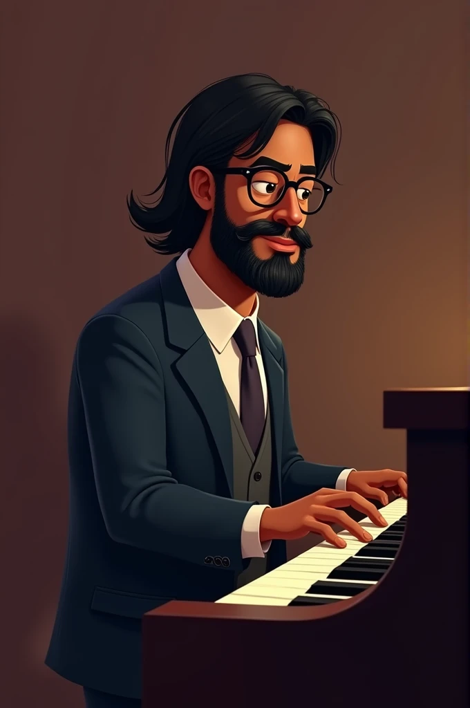 Dark-skinned man, a bit overweight, suit, with beard and glasses and a bit long hair, playing piano animated version