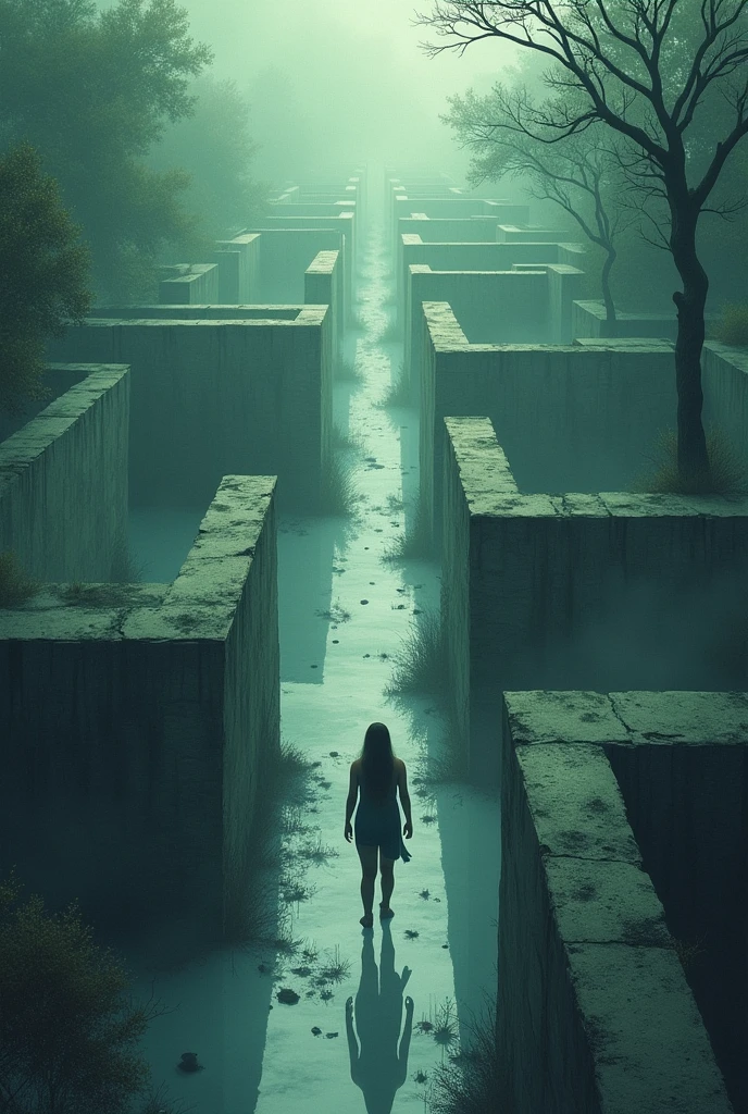 Illustrate a scene where a person is walking through a maze that constantly shifts, with sections of the maze resembling familiar places from their past, reflecting the disorienting feeling of déjà vu."