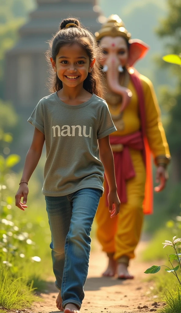 A young girl is walking forward with a bright smile, wearing a grey T-shirt with the name "Manu" written on it and blue jeans. Behind her, Lord Ganesha, dressed in traditional yellow and red attire, walks protectively, exuding warmth and guidance. The scene is set in a lush green environment with an ancient temple in the background, symbolizing a sacred and loving relationship between the divine and the innocent child. The image captures the essence of divine protection, love, and guidance.