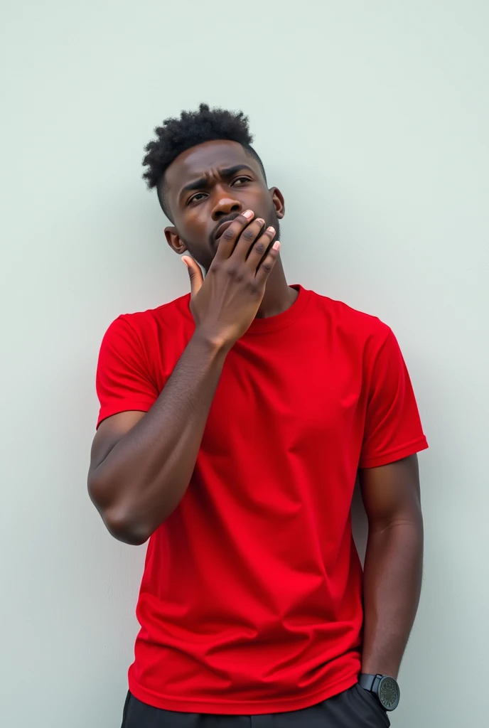 male makes sad gesture, wears casual bright red t-shirt, poses against white wall. People, hush, conspiracy, secret concept