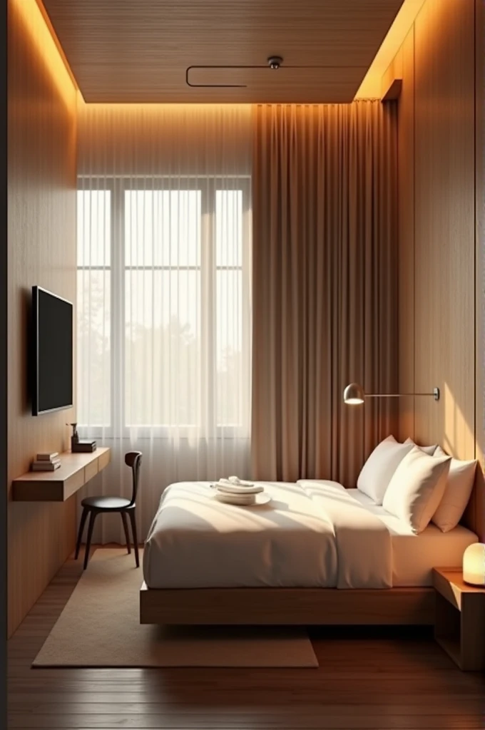 there is a bed with a wooden headboard and a TV on the wall, Room, serene and peaceful style, Ambiente sereno de Room, interior do Room, luxurious environment, realistic physics rendering, luz natural no Room, modern and minimalist, warm ambient light, Soft lighting color scheme, warm interiors, warm interior, interior design