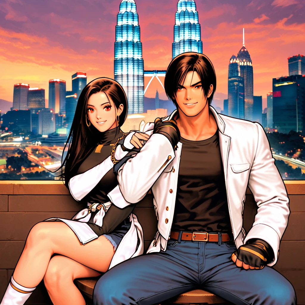 Orochiquillo, Dark Skin, Couple, Two People, Man and Woman, Red Eyes, ((White Leather Jacket)), Fingerless Gloves, Dark Hair, Black T-Shirt, ((Wallet Chain Around Waist)), Blue Jeans, White Shoes, Brown Belt, Handsome, Shot, Charming, Masterpiece, High Resolution, Fine Face, Fine Grain, Sunset, Cloudy Sky, Confident Full smile, With lover, Petronas Twin Towers, Malaysia, Dining on terrace, Same hairstyle and clothes for men and women, Hand on shoulder, Toothy smile, Sitting cross-legged