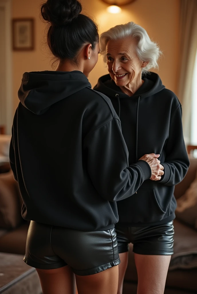 black woman hair in a bun black hoodie black leather short shorts getting fucked in the ass by a old age white grandma in a dress in a living room
