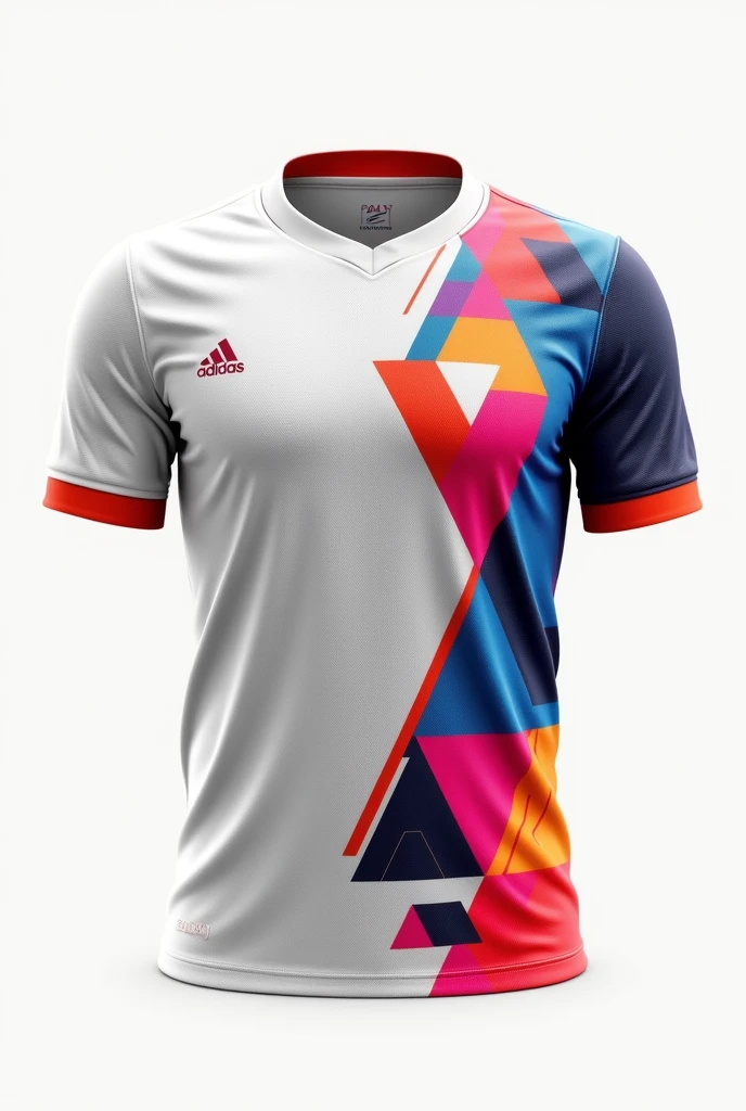 A vibrant football jersey , featuring a unique geometric design with a combined colours, white as the main color. The jersey incorporates various patterns including triangles and lines, creating a dynamic and modern look, no logos, no texts, from front
