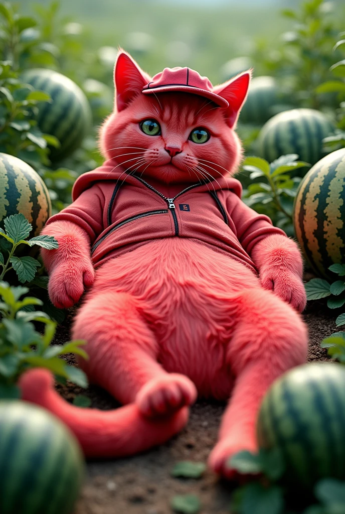A large cat whose whole body is red like watermelon and is sitting in a watermelon garden . Modern human attire 3d rendering