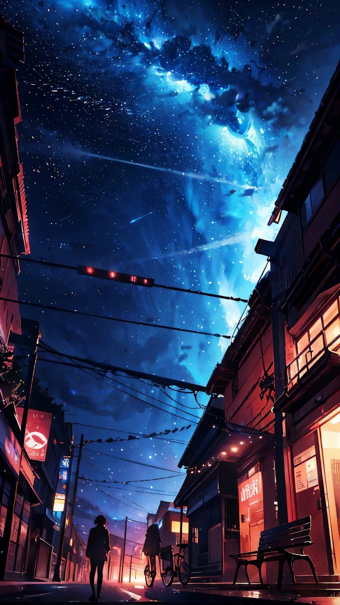 School bicycle parking、There are lots of bicycles parked、Urban townscape、anime, the sky, stars, the bench, the milky, the stars, the sky, the stars, the bench, the milky, the stars, the, cosmic skies. by makoto shinkai, anime sky, anime art wallpaper 4 k, anime art wallpaper 4k, anime art wallpaper 8 k, amazing wallpaper, with the sky full of stars
