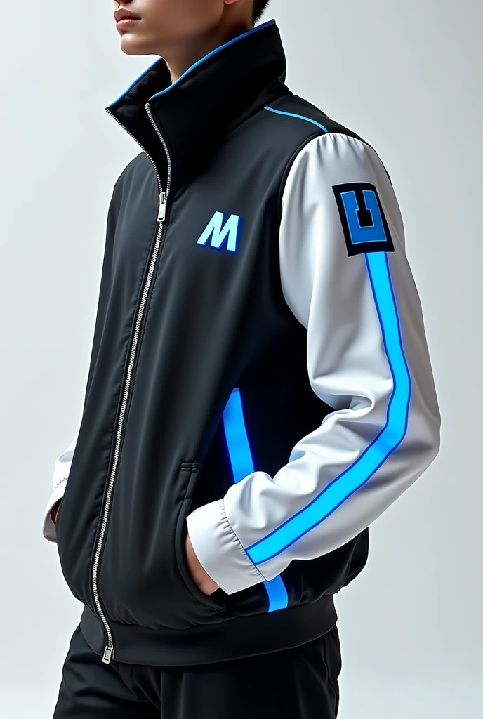 Design a futuristic jacket with the following features: predominantly black with blue and white accents. The right arm should be fully white, adorned with blue lines that give it a sleek, high-tech look. Add the letter 'M' on the shoulder in a bold, modern font. The jacket should have a long, stylish collar similar to the first design, which adds a contemporary and futuristic feel. Focus on a clean, modern aesthetic with a balance of colors, making sure the design looks striking and suitable for a sci-fi or tech-inspired fashion statement