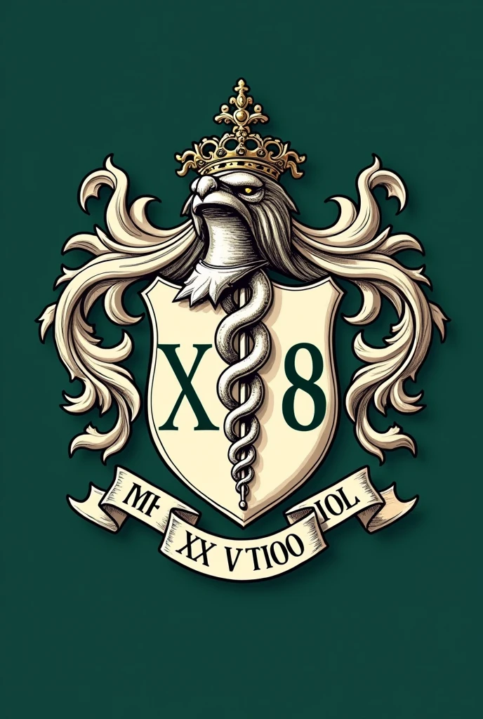 Coat of arms for medical school class, with the symbol of medicine in evidence, number XXVIII fully and correctly written, in petroleum green color, art that refers to royalty and nobility, art in drawing style