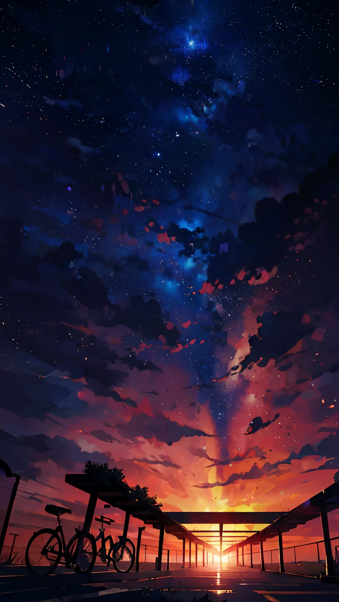 School bicycle parking、There are lots of bicycles parked、Urban townscape、anime, the sky, stars, the bench, the milky, the stars, the sky, the stars, the bench, the milky, the stars, the, cosmic skies. by makoto shinkai, anime sky, anime art wallpaper 4 k, anime art wallpaper 4k, anime art wallpaper 8 k, amazing wallpaper, with the sky full of stars