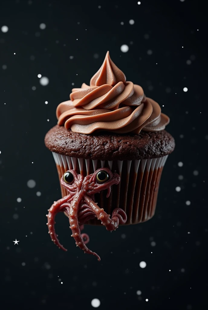 A chocolate cupcake in space and a very ugly alien eating it