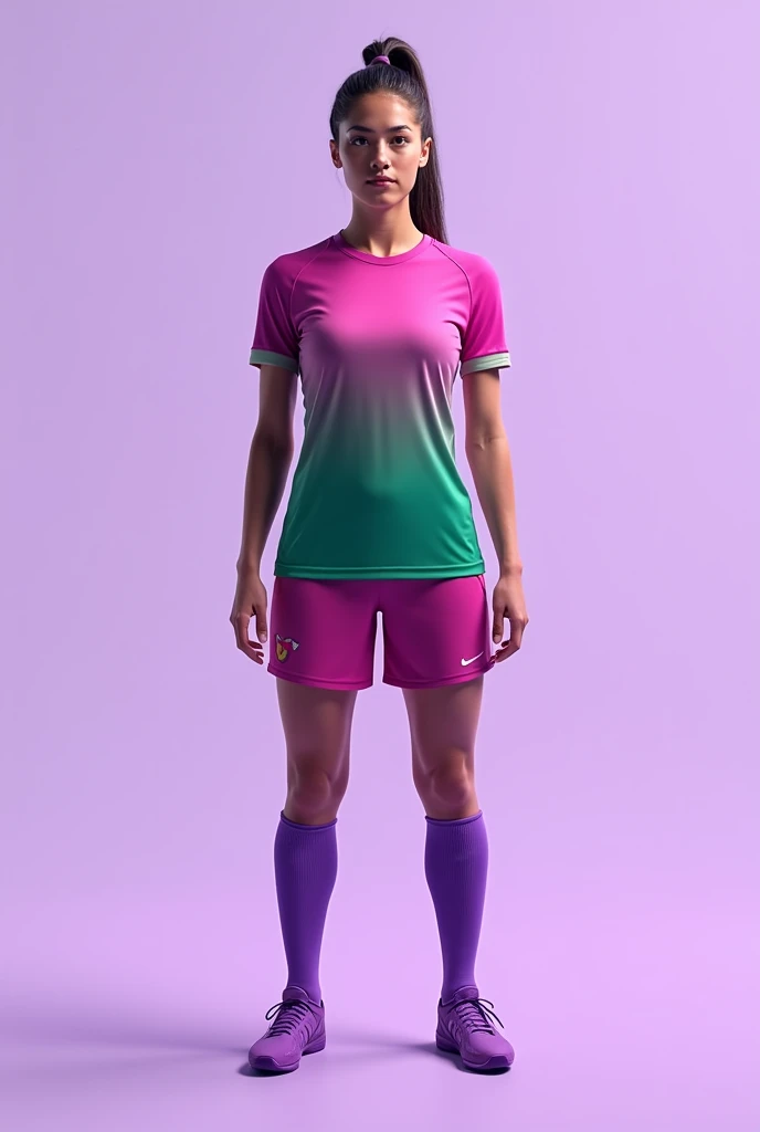 Hello, design me a uniform for a women's soccer team that has a light purple background, a shirt and shorts., and colors in pink gradient, green mind and purple in t-shirt and shorts and purple socks, woman full body looking forward