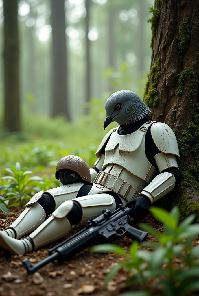 ((Grey pigeon female)), Dirty Star Wars「Stormtrooper」アーマーを着たGrey pigeon femaleがエンドアの森で木に寄りかかって休んでいる。Stormtrooperのヘルメットが地面に落ちている彼女のそばにあり、E-11 Blaster on the ground。Grey pigeon female、Muscular body、far and near method、Wide Shot、18mm、Depth of written boundary、colorful、Highest quality、4K、Daylight