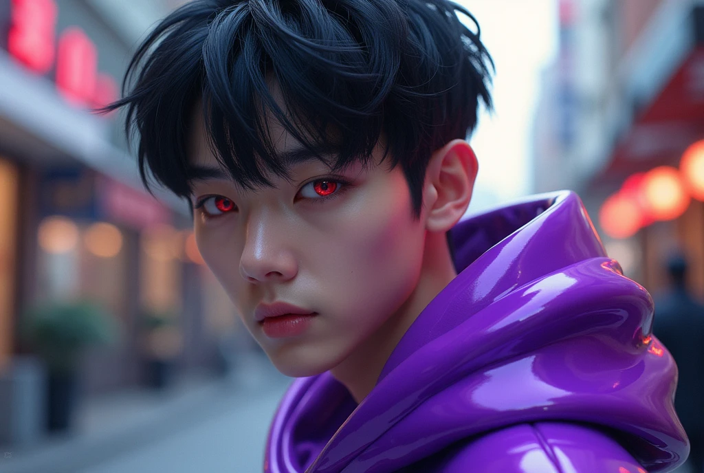 1 boy, handsome boy, black hair, comma hair, forehead comma hair, korean hair, street style, Purple hoodie, shiny, Red eyes, looking at viewer, upper body, shy face