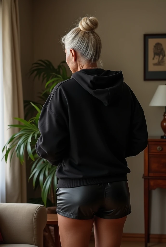 black woman hair in a bun black hoodie black leather short shorts getting fucked in the ass by a old age white grandma in a dress in a living room
