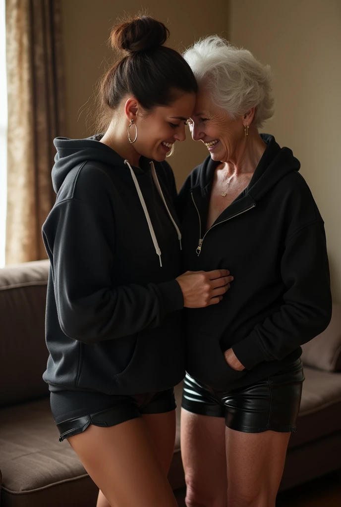 black woman hair in a bun black hoodie black leather short shorts getting fucked in the ass by a old age white grandma in a dress in a living room