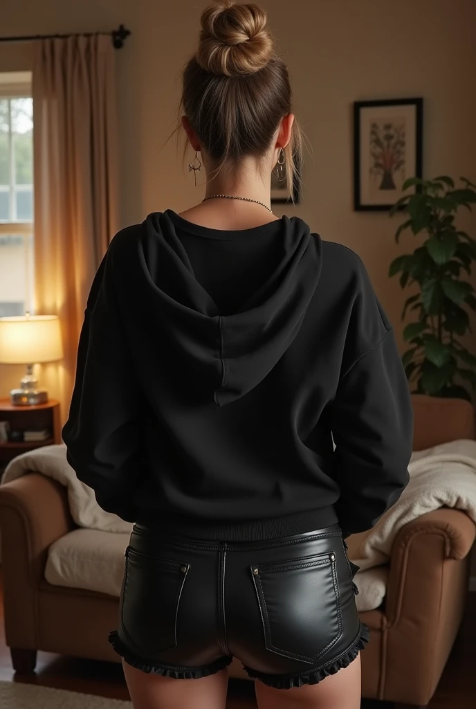 black woman hair in a bun black hoodie black leather short shorts getting fucked in the ass by a old age white grandma in a dress in a living room