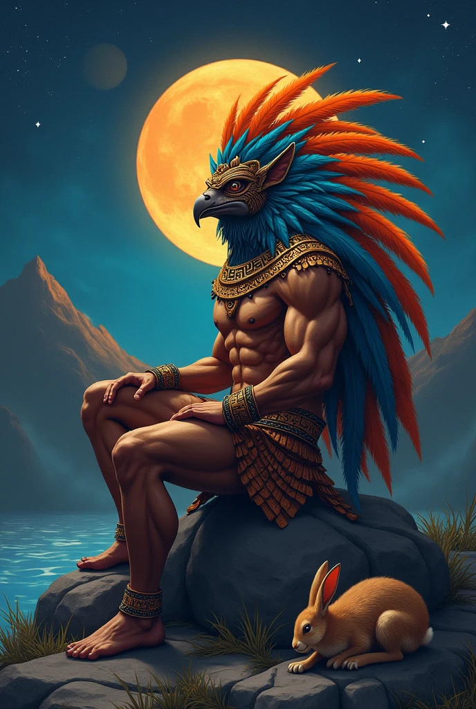 Make the god Quetzalcoatl a human with a crest covering his eyes and with orange and blue feathers., Also, he has a short beard , her brown skin, with a muscular body and an Aztec bracelet on each arm resting on a rock at night with bright stars , and an orange moon in the background of a mountain and a river but next to it a bunny eating