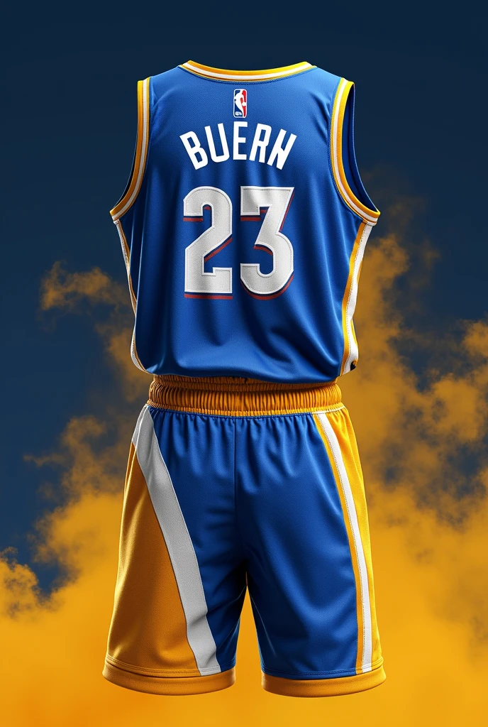 Create a basketball jersey of blue white yellow with a nba look