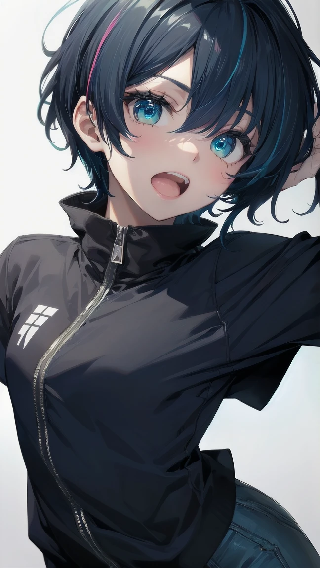 Close-up of a manga girl with blue hair and a yellow shirt, 2D Animation, 2D Animation style, 2D Art, 2D Art, 2D from Gorillaz, 2D from Gorillaz, 2D Gorillaz, Screaming Cerket, 2D Sprite, Jinx Face, short hair, Small breasts, hot pants, ((Black Hair, Inner bright blue hair:1.4)), Slanted Eyes