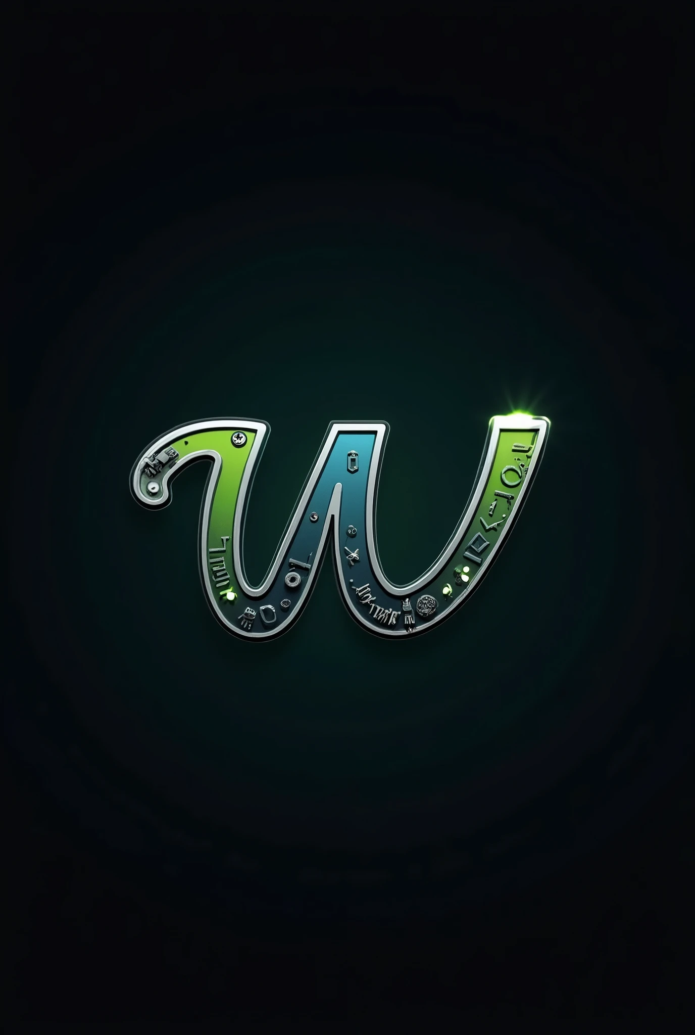 Generate a cursive letter W with minimalist robot finishes, black background with green and blue and white letter W 
