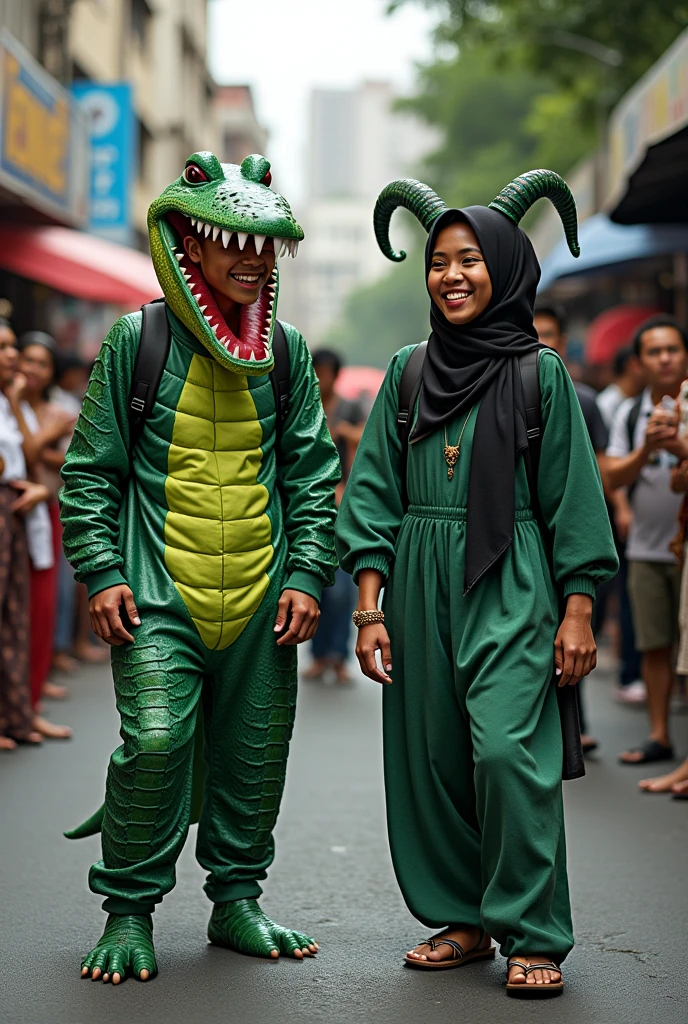 realistic photography. young man Indonesian face. wearing a cute crocodile costume. facial expression laughing out loud. next to him walked a hijab woman wearing clothes like the snake queen Medusa. Street atmosphere. asphalt like there is a carnival. lots of spectators left and right. Ultra-realistic 8K photograph, shot with a Leica Q2, strong color contrast and sharp clarity --quality 2 --