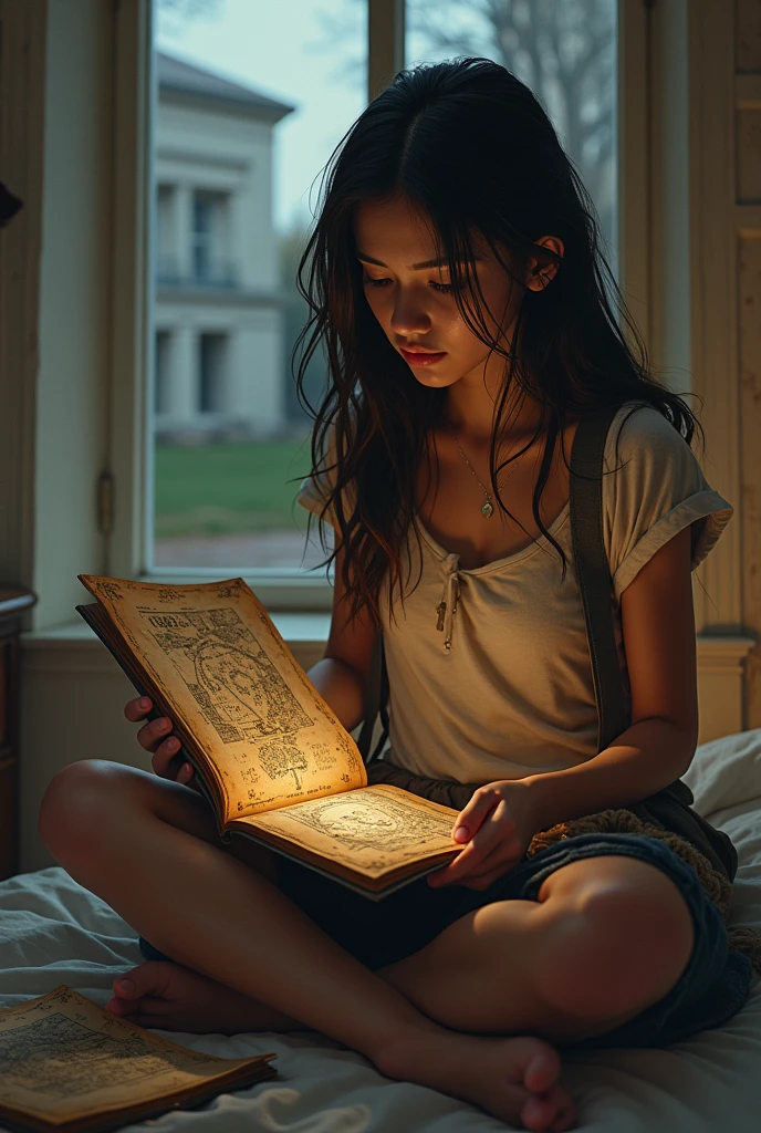 (Maya sits on her bed, flipping through the pages of the old book. The pages contain faded sketches and cryptic notes. Suddenly, a loose page falls out. On it is a map with an ‘X’ marked near an old, abandoned building on the outskirts of the campus.)using this seed 1921569215 (Maya) who is main character. in the university dome