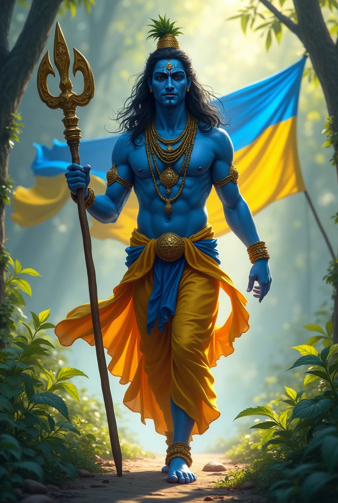 Krishna blue skin walking in front of him stick with ulrain flag
