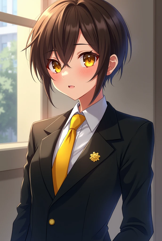 Create a anime character with brown hair, a yellow tie, yellow eyes and Wearing a black suit
