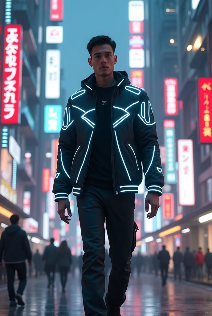 Man wearing futuristic Tron style jacket in futuristic Japan
