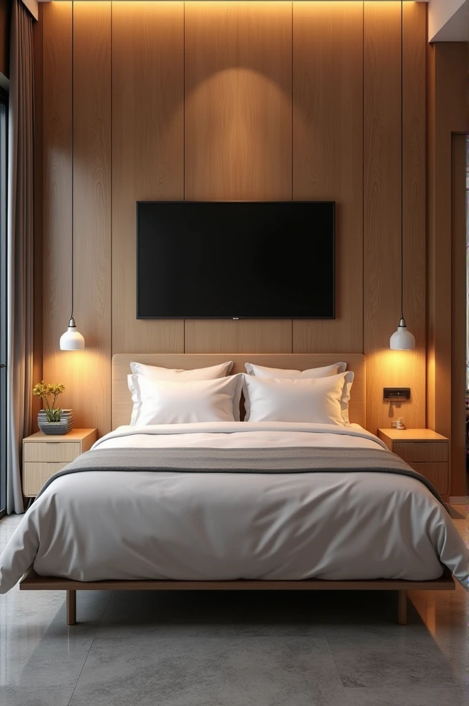 there is a bed with a wooden headboard and a TV on the wall, Room, serene and peaceful style, Ambiente sereno de Room, interior do Room, luxurious environment, realistic physics rendering, luz natural no Room, modern and minimalist, warm ambient light, Soft lighting color scheme, warm interiors, warm interior, interior design, Gray floor 