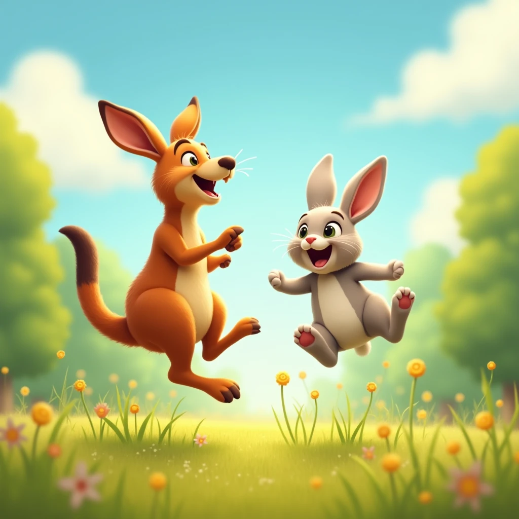 sunny day, kangaroo hopping side by side with a rabbit while laughing