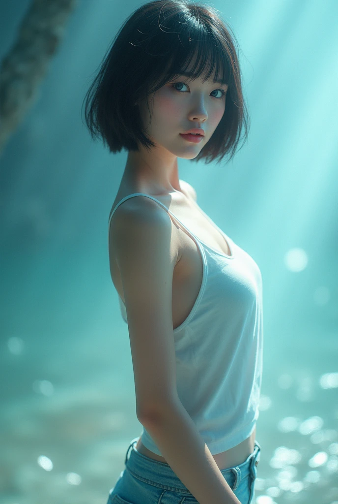 (photorealism:1.2), beautiful woman,intricate details, cool colors, short straight hair, ocean blue eyes, standing, hourglass figure, wearing tank top and shorts, Asian beauty, unreal beauty