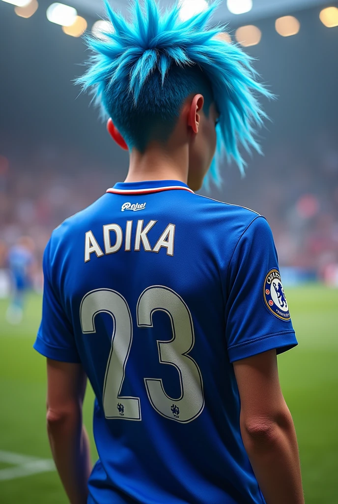 Me with blue punk hair wearing a Chelsea uniform with the name ADIKA on the back at the stadium